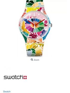 Swatch Multicolor Floral Silicone Wristwatch with Red Hands